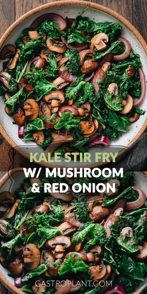 Kale Stir Fry With Mushroom and Red Onion is seasoned with just balsamic vinegar and soy sauce. It’s beautifully simple and easily satisfying, taking just 15 minutes (including prep) and using just 5 ingredients. Kale Stir Fry Recipes, Stir Fry Mushroom Recipes, Stir Fry Kale, Mushroom Stir Fry Recipes, Asian Mushroom Recipes, Stir Fry Kale Recipe, Stir Fried Kale Recipes, Balsamic Mushrooms And Onions, Kale Mushroom Onion Recipe