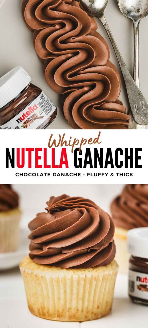 Surrender to temptation with our whipped chocolate Nutella ganache. An exquisite fusion of Nutella's velvety sweetness and the ethereal lightness of whipped ganache. Ideal for elevating your sweet creations, this indulgent cream is perfect for topping pies, eclairs, or simply savoring by the spoonful. Don't miss out on this flavorful experience! Mocha Whipped Cream Frosting, Nutella Cake Frosting Recipe, Chocolate Nutella Frosting, Chocolate Icing Designs, Nutella Whipped Cream Filling, Perfect Frosting For Cupcakes, Nutella Mousse Filling, Different Types Of Frosting For Cakes, Whipped Chocolate Ganache Filling