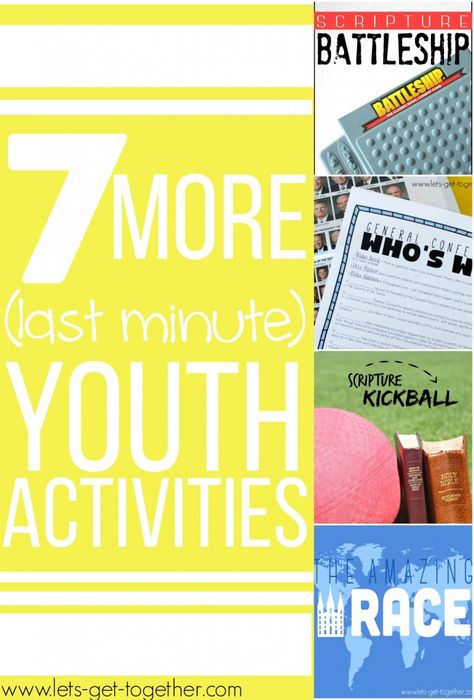 7 More Last Minute Youth Activities from Let's Get Together - list of everything you need for each activity and instructions. Could make great Family Home Evenings too! Great resource! #youthactivity #fhe Christian Youth Activities, Lds Yw Activities, Lds Youth Activities, Church Youth Activities, Mutual Activities, Youth Group Activities, Lds Yw, Activity Day Girls, Yw Activities