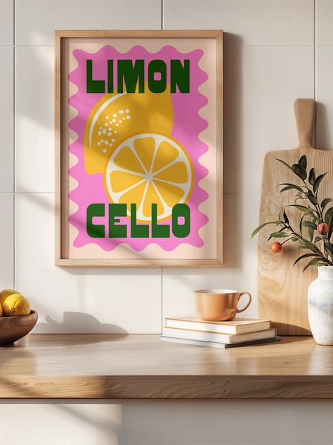 This on trend Limoncello Poster features bold colourful typography and captures the spirit of Italy's famous lemon liqueur, while the vibrant colours add an eye-catching element to any room. A must-have for any limoncello lover or lover of Italian culture. Italian Room Decor, Lemon Artwork, Colourful Typography, Posters Typography, House Artwork, Typography Posters, Lemon Painting, Italian Posters, Lemon Art