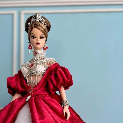 Madam Tsu Doll Couture on Instagram: "Russian Royal Crown Completely inspired by @malyarovaolga haute couture, Barbie wearing a royal maroon velvet ballgown featuring corset bodice and rich beadwork of faux pearls, rhinestones and crystals, with white tulle skirt and puffy sleeve..the beading is inspired by Russian Royal Crown 👑. Barbie surely is the most stunning lady in the ball her attending. ❤️ #barbie #barbiesilkstone #silkstone #silkstonebarbie #barbiejenesaisquoi #BFMC #barbiefashionm Russian Ballgown, Ballgown Inspiration, Velvet Ballgown, Velvet Dolls, Royalty Dress, White Tulle Skirt, Princess Dance, Barbie Fashion Royalty, Custom Barbie