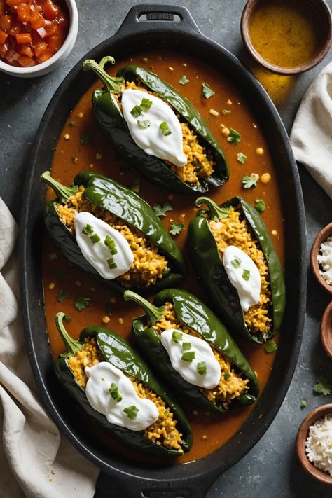 A photo of a  Chiles Rellenos which is a type of mexican sides dishes Mexican Veggie Sides, Mexican Christmas Dishes, Latin Thanksgiving Dishes, Mexican Thanksgiving Side Dishes, Sides For A Party, Mexican Bbq Ideas, Mexican Thanksgiving Dinner, Mexican Holiday Recipes, Grilled Street Corn