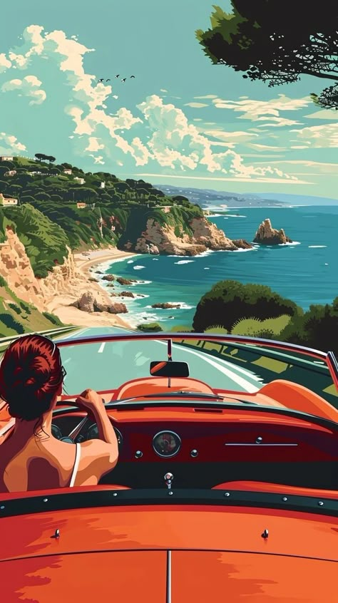 Travel Art Aesthetic, Car For Vision Board, Beautiful Cars For Women, Car Drawing Wallpaper, Travel Painting Ideas, Traveller Illustration, Travelling Painting, Driving Drawing, Breathtaking Paintings