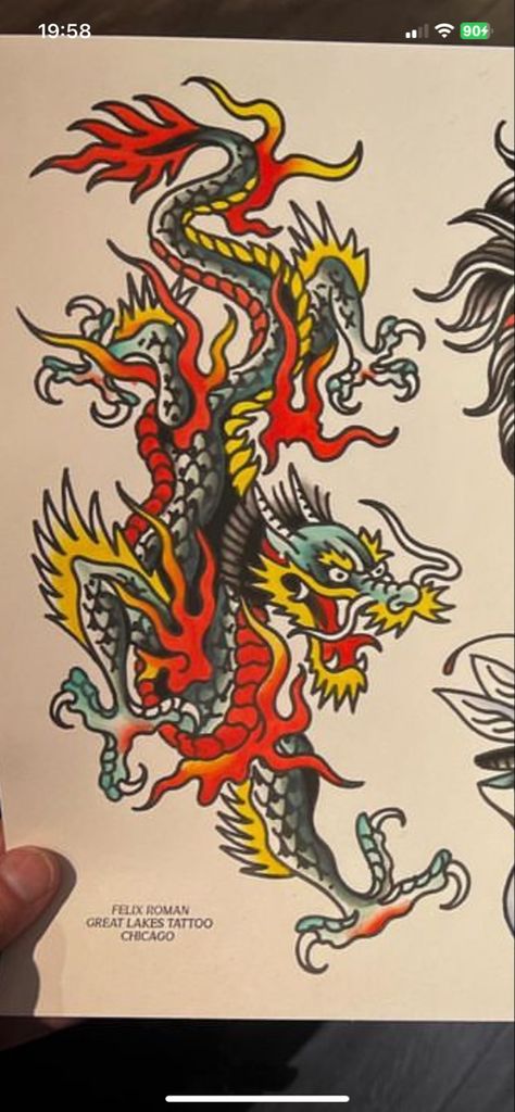 Traditional Tattoo Art Dragon, Trad Japanese Tattoo Sleeve, Foo Dog Traditional Tattoo, Dragon With Flames Tattoo, American Traditional Dragon Tattoo Flash, American Traditional Tattoos Dragon, Traditional Tattoos Dragon, Traditional Chinese Dragon Tattoos, Traditional Dragon Tattoo Flash