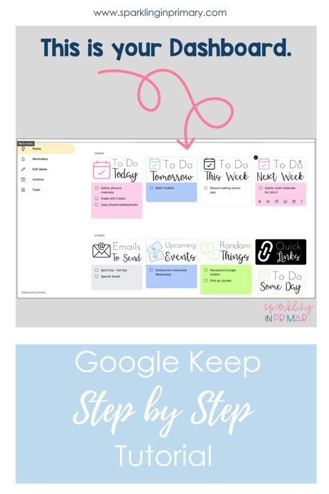 Are you ready to ditch the chaos of sticky notes and upgrade to Google Keep? This step-by-step tutorial will show you how to create lists, upload header cards, and customize your experience for a more organized school year. Also, download FREE headers to try it out! Google Keep Headers, Google Drive Organization, Organized School, Google Tricks, School Secretary, Google Keep, Digital Organization, School Technology, Computer Skills