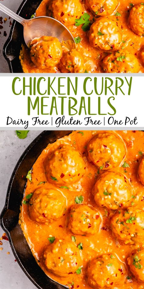 These Whole30 curry chicken meatballs are the perfect weeknight dinner recipe. Made on the stovetop, these gluten free ground chicken meatballs are dairy free, low carb and are done in one skillet. If you're looking for a dinner that is both healthy and delicious while keeping your cleanup to a minimum, give this curry chicken meatball recipe a go! #chickenmeatballs #glutenfreerecipes #dairyfreerecipes #whole30chicken Recipes No Dairy, Whole30 Curry, Chicken Recipes No Dairy, Dairy Free Meatballs, Curry Chicken Meatballs, Ground Chicken Recipes Healthy, Chicken Meatballs Healthy, Ground Chicken Meatballs, Healthy Meatballs