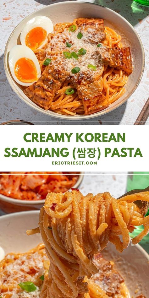 Indulge in a delightful fusion of flavors with this creamy Korean-inspired Ssamjang pasta. A perfect blend of rich, savory notes with a hint of spice, this dish offers a unique twist on traditional pasta. Ssamjang Recipe, Fusion Pasta, Fried Pork Belly, Cream Pasta, Meal Train Recipes, Meal Replacement Shakes, Reduce Food Waste, Meal Prep For The Week, Grocery List