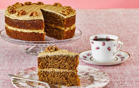 Dairy Free Coffee Cake Recipe | Recipes from Ocado Dairy Free Icing, Cake Recipes Uk, Camp Coffee, Dairy Free Coffee, Coffee And Walnut Cake, Coffee Cake Recipe, Butter Cake Recipe, Walnut Cake, Cake Fillings