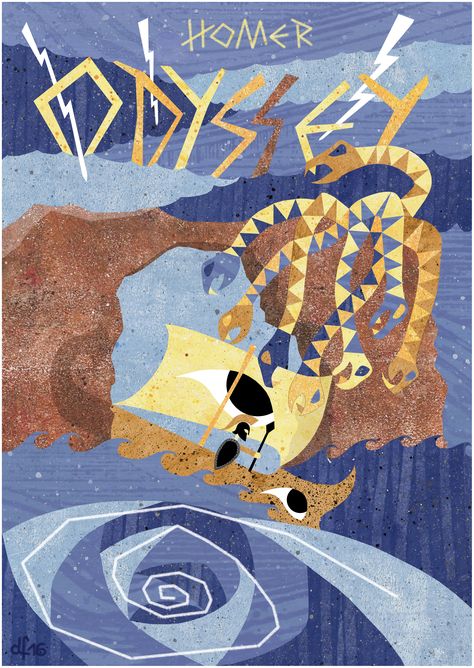 The Odyssey by Homer +++ illustration by Daniela Faber 2016 +++ ancient greek saga tale ulysses monster scylla charybdis ship boat water ocean The Odyssey Illustration, Thursday Activities, Greek Mythology Illustration, Scylla And Charybdis, Epic Musical, Ocean Monsters, Greek Blue, Ship Boat, Canvas Drawing