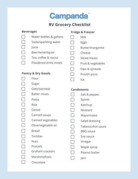 rv grocery checklist food shopping rv list what to buy for rv trip Rv Packing List, Rv Checklist, Kitchen Checklist, Grocery Checklist, Printable Packing List, Vegetable Dip, Peanut Butter Marshmallow, Batter Mix, Beverage Fridge