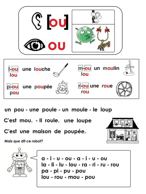 Les sons sont étudiés dans l'ordre de leur fréquence dans la langur française: a - i - r - l - u - p - m - ou... - Référentiel pour les lutins. - Fiche 1: - Colorier les dessins quand on entend ou. - Place du ou - Entourer les ou dans des mots. - : -... Teaching Primary School, Teaching Classroom Decor, French Practice, Basic French Words, French Worksheets, French Kids, French Teaching Resources, French Language Lessons, Les Sons