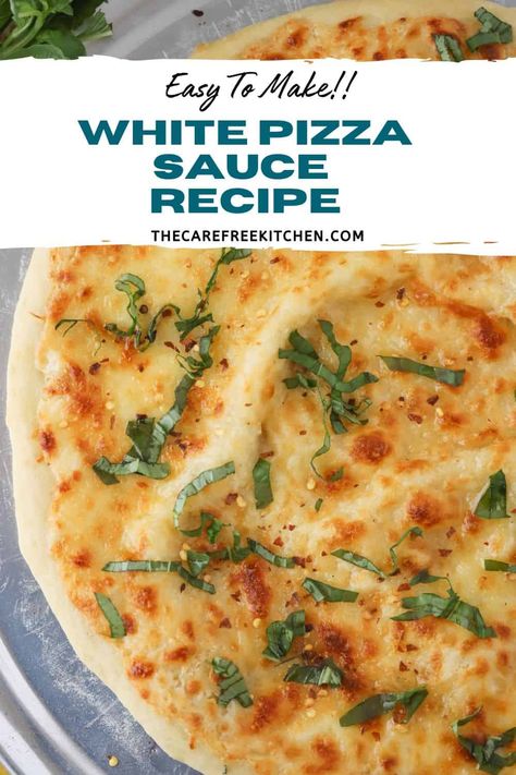 Try a little something different for pizza night with this garlic and Parmesan White Pizza Sauce recipe. It’s creamy, easy to make, and tastes great with so many different cheeses and toppings. #thecarefreekitchen #pizza #sauce #whitesauce #alfredo #pizzanight White Pizza Sauce Recipe Easy, Pizza Sauce Recipe Easy, White Pizza Sauce, Bread Sauce, Breakfast Egg Casserole, White Sauce Recipes, White Pizza, Pizza Sauce Recipe, Onion Sauce