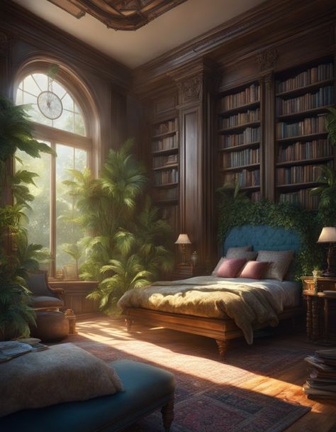 This beautiful image of a great bedroom with bookcase in "Fantasy world style" was generated in AI.  Having a library in the room is very important because the reading book is important. Take attention to this issue and read good books.🍀📖  #AI #Art #bedroom #beautiful Fantasy Bookcase, Bedroom With Bookcase, Fantasy Bedroom Art, Fantasy Bedroom Concept Art, Bookcase Ideas, Bedroom Beautiful, Library Bedroom, Bookshelves In Bedroom, Fantasy Bedroom