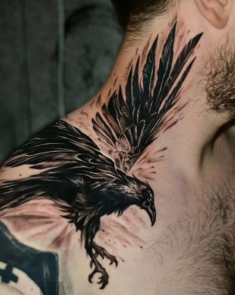 Blatt Tattoos, Botanical Tattoo Design, Rabe Tattoo, Nape Tattoo, Crow Tattoo Design, Side Neck Tattoo, Throat Tattoo, Back Piece Tattoo, Demon Tattoo