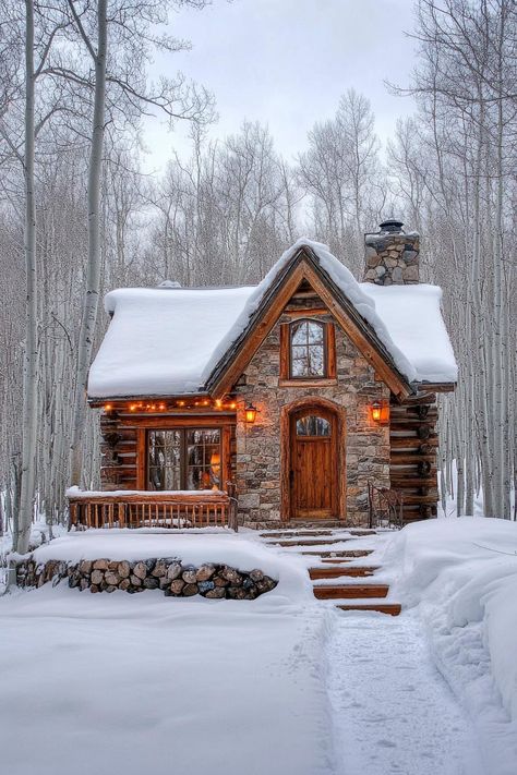 Charming stone and wood cabin with glowing lights surrounded by snow-covered trees. Get ready to transform your winter cabin weekend into a cozy, snow-covered adventure filled with inspiration, creative ideas, and tips to keep Jack Frost entertained outside. Midwest Winter Aesthetic, White Log Cabin Exterior, Small Log Cabin Homes, Cabin Weekend Ideas, Cozy Winter Cabin Aesthetic, Small Mountain Homes, Cozy Small Cabin, Cabin With Friends, Snowy Cabin In The Woods