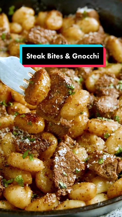 Steak With Gnocchi, Dinner Recipes With Steak Bites, Steak Bites With Gnocchi, Steak And Gnocci, Gnocchi And Steak Recipe, Steak And Gnocchi Easy Dinners, Gnocchi Steak Bites, Gnocchi And Steak Bites, Gnocchi Recipes Steak