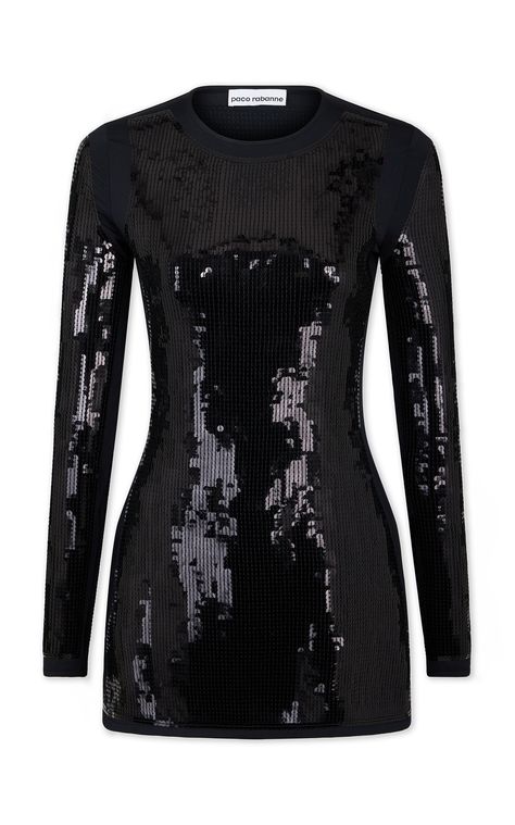 Sequin Mini Dress by PACO RABANNE for Preorder on Moda Operandi Luxury Black Mini Sequin Dress, Pack Rabanne Dress, Paco Rabanne Skirt, Moda Operandi Mini Dress, Black Dress Moda Operandi, Black Sequin Mini Dress, Balmain Dress, Long Sleeve Sequin Dress, Tumblr Fashion