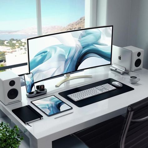 a large horizontal screen, white speakers and keyword and an Ipad highlight the technology behind this boss babe’s career and workspace! Cool Office Desk, Early Adopters, Computer Desk Setup, Home Studio Setup, Gaming Setups, Desktop Setup, White Desk, Computer Room, Gaming Room Setup