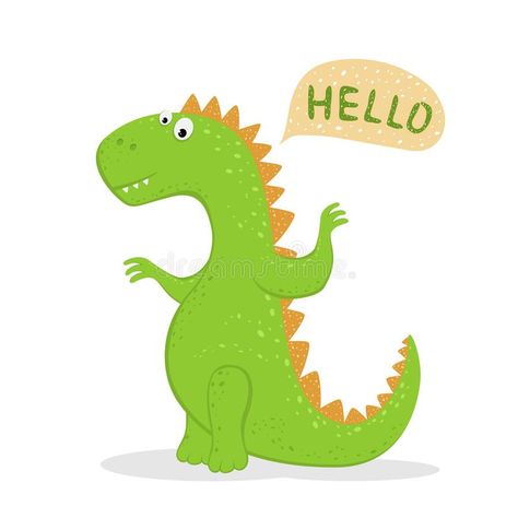 Cute Green Dinosaur Says Hello. Cute green dinosaur isolated on white background. Funny cartoon character and speech bubble with text Hello, illustration royalty free illustration Hello Illustration, Cute Green Dinosaur, Dinosaur Template, Background Funny, Cartoon Character Illustration, Hello Cute, Funny Cartoon Characters, Sweet Pictures, Green Dinosaur