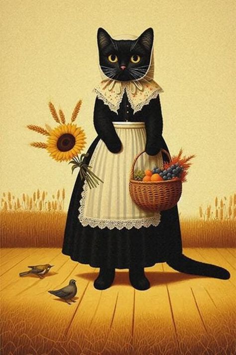 Step into a nostalgic embrace with our charming folk art style cat art print, a delightful piece that captures the essence of harvest time in a whimsical way. This enchanting print features a cheerful cat, clad in a quaint apron, joyfully holding a woven basket brimming with the season's bounty. Set against a backdrop of golden wheat fields under a radiant autumn sky, the scene radiates warmth and tranquility, evoking memories of simpler times and cherished traditions. The vibrant hues and intricate details of this print bring the harvest season to life, with each brushstroke telling a story of timeless rural charm. The cat's endearing expression and the gentle sway of the wheat create a scene that is both heartwarming and nostalgic, perfect for bringing a touch of country coziness into yo Thanksgiving Cat Drawing, Autumn Folk Art, Cat Eye Lash Map, Folk Cat, Witch And Cat, Lash Map, Folk Art Cat, Autumn Sky, Arte Folk