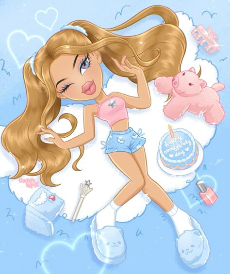 comfy | comfy vibes only ☁️ did a little illustration to celebrate my 26th today! 🩵 thank you so much for the overwhelming support for my art and… | Instagram Bratz Fanart, Bratz Phone, Bratz Art, Bratz Characters, Girly Graphics, Comfy Vibes, Bratz Doll Outfits, Bratz Girls, Artsy Aesthetic