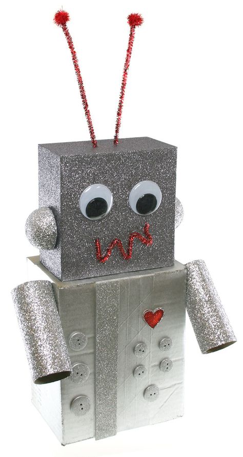 Robot Box, Valentines Robots, Valentine Box Ideas, Make A Robot, Box Robot, Kids Valentine Boxes, Robot Head, Robot Craft, Space Crafts For Kids