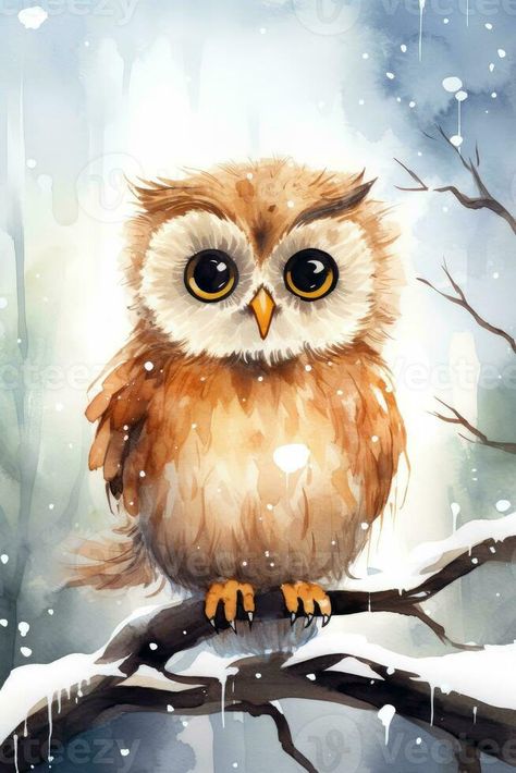 watercolor painted owl, cartoon style, isolated on white , AI Generated Snow Owl Watercolor, Christmas Owl Painting, Owl Canvas Painting, Mona Art, Owl Christmas Card, Disney Watercolor, Painted Owl, Owl Watercolor, Pallet Wall Art