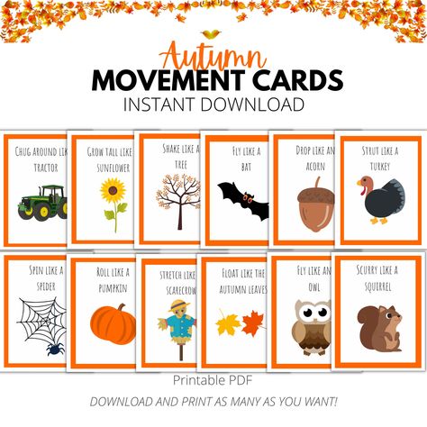 Get your kids moving this Autumn with a set of movement cards. These movement flashcards are perfect for toddlers or preschool and kindergarten students. This listing includes 2 downloads: one for flashcards and one to make two movement dice from tissue boxes. Add this game into your fall activities collection today!  ☀Description ☀ Printable Fall themed action cards Perfect activity for toddlers, preschool, pre-k, and kindergarten kids ☀What's included in your order?☀ 1 PDF with 2 pages for a t Movement Dice, Movement Cards, Printable Easter Activities, Fall Lesson Plans, Fall Preschool Activities, Fall Lessons, Action Cards, Gross Motor Activities, Flashcards For Kids