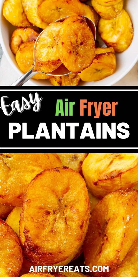 Sweet, ripe, plantains cook up quickly and easily in the air fryer to be crispy on the outside, tender on the inside, and delicious as a snack or side dish. #airfryer #plantains Air Fryer Plantains, Plantain Chips Recipe, Fried Plantain Recipe, Banana Chips Recipe, How To Cook Plantains, Plantain Recipes, Air Fryer Oven Recipes, Plantain Chips, Plantains Fried