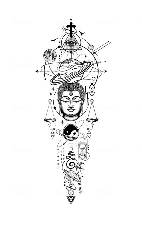 Design a geometric tattoo for you by Soufianelfanany | Fiverr Universe Spiritual Tattoo, Time Related Tattoos, Tattoo Ideas Universe, Spiritual Tattoos For Men, Geometric Universe Tattoo, Deer Head Tattoo, Atlas Tattoo, Mystical Tattoos, Buddha Tattoo Design