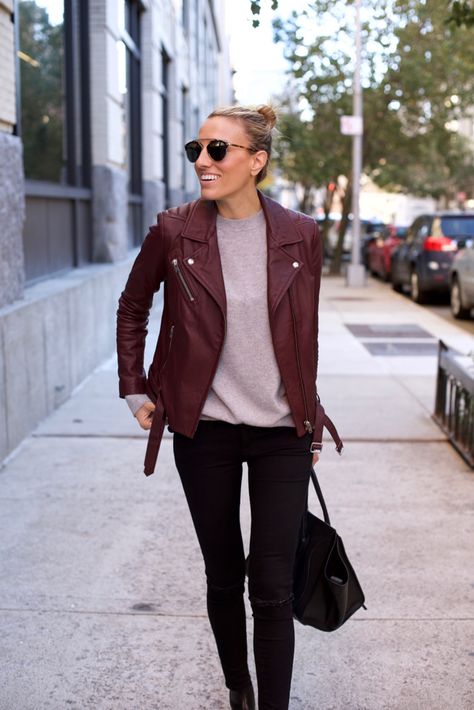 Denim Winter Outfit, Burgundy Leather Jacket Outfit, Burgundy Jacket Outfit, Maroon Leather Jacket, Burgundy Leather Jacket, Instagram New Post, Burgundy Outfit, Burgundy Jacket, Nyc Street Style