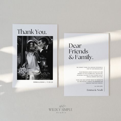 Looking for a classy and modern way to express your gratitude after the big day? Our photo thank you card is the perfect choice! This simple yet elegant card features a customizable photo, making it easy to personalise for your guests. With its modern minimalist design and instant download option, you can easily create your own custom wedding stationary in no time. Impress your guests with a chic and stylish note that they will cherish. Say "thank you" in a memorable way with our editable Canva Wedding Day Thank You Cards, Thank You Guests Wedding Note, Guest Cards Wedding, Thank You Wedding, Wedding Thank You Notes, Thank You Wedding Cards, Thank You Card Wedding, Thank You Cards Wedding, Wedding Invitation Cards Elegant