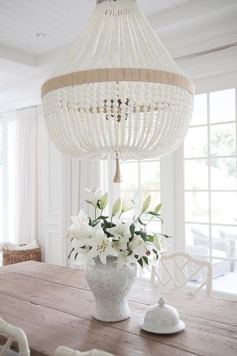 Coastal Living Rooms, Style Deco, Beaded Chandelier, Coffee Table To Dining Table, Diy Lamp, White Decor, Dining Room Lighting, Restoration Hardware, Beach House Decor