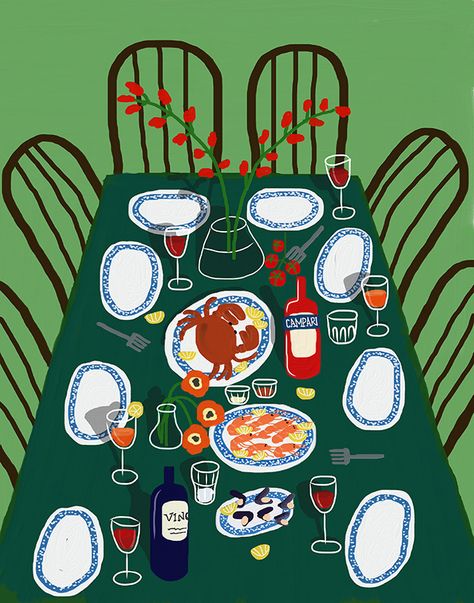 seafood, crab, shrimps, oyster, table, painting, poster, print Know What You Bring To The Table, Dinner Table Watercolor, Dinner Party Home, Christmas Table Illustration, Dinner Illustration Table, Table Setting Illustration, Dinner Party Poster, Oysters Illustration, Table Illustration Art