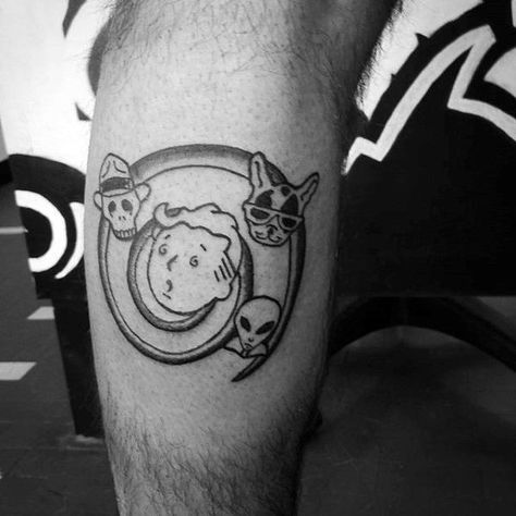 Leg Calf Spiral Fallout Tattoos Guys Mashup Tattoo, Fallout 4 Tattoos, Fallout Tattoo, Vegas Tattoo, Gamer Tattoos, Nuclear Winter, Geek Tattoo, Fallout Art, 4 Tattoo