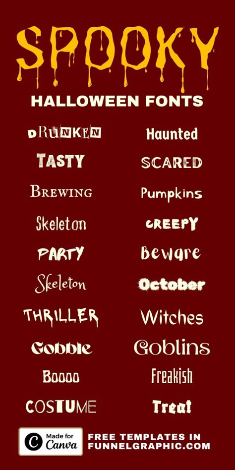 I'm believe all halloween scary fonts in Canva are here. Get in to find all the Halloween-themed spooky fonts you can have. You will find the rest of the 37 creepy fonts. I'm also giving away all 37 templates with the fonts applied, so you don't have to go through the steps of looking for the fonts, enjoy! #canva #canvafonts #halloweenfonts #spookyfonts #creepyfonts #freefonts Spooky Canva Fonts, Halloween Canva Fonts, Halloween Fonts Canva, Canva Halloween Font, Work Calendar Ideas, Creepy Fonts, Canva Fonts Free, Halloween Fonts Alphabet, Creepy Font