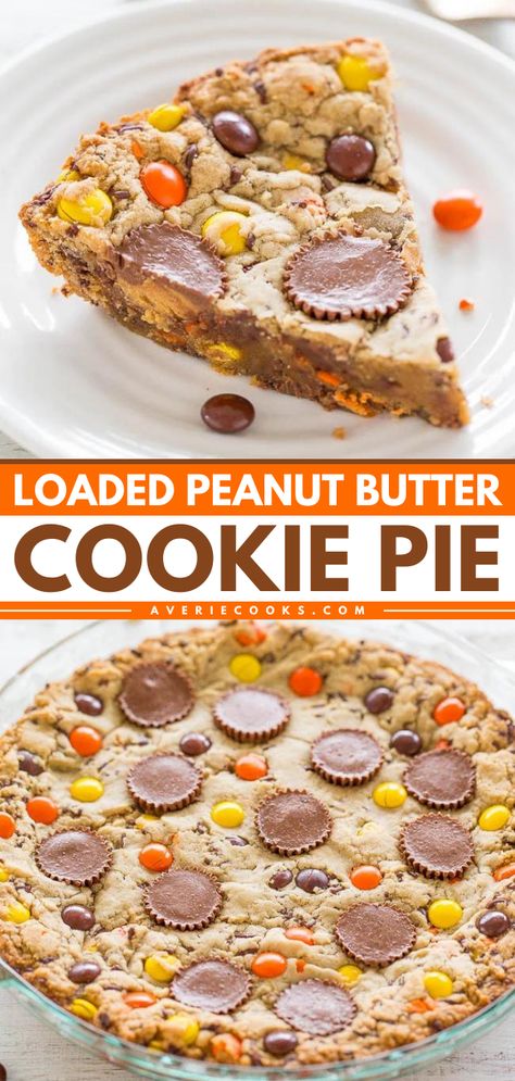 Looking for an easy-to-make sweet treat? This cookie cake recipe is a simple dessert with no mixer required! It's soft and chewy with crisp edges. Complete with peanut butter cups, Reese's Pieces, and sprinkles, this Loaded Peanut Butter Cookie Pie is irresistible! Desserts For Peanut Butter Lovers, Recipes With Reeses Pieces, Reese’s Peanut Butter Cookie Cake, Reeses Cup Desserts, Turtle Dessert Easy, Peanut Butter Cookie Dessert, Reece Cookies, Peanut Butter Cookie Pie, Reese’s Pieces Dessert