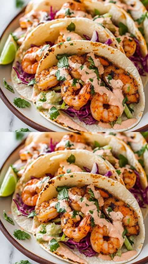 These Shrimp Tacos are light, flavorful, and perfect for a fresh, zesty meal that can be whipped up quickly. Juicy, seasoned shrimp are paired with crunchy cabbage, creamy avocado, and tangy cotija cheese, all brought together with a shrimp taco sauce that’s packed with lime and just the right amount of heat from Sriracha. Whether you’re using soft corn tortillas or crispy taco shells, these tacos are ideal for a fun and easy dinner or taco night! Shrimp Tacos Sheet Pan, Shrimp Tacos With Chipotle Sauce, Shrimp Tacos Seasoning, Shrimp Soft Tacos, High Protein Shrimp Tacos, Seasoning For Shrimp Tacos, Mini Shrimp Tacos, What To Serve With Shrimp Tacos, Shrimp Taco Recipes Easy