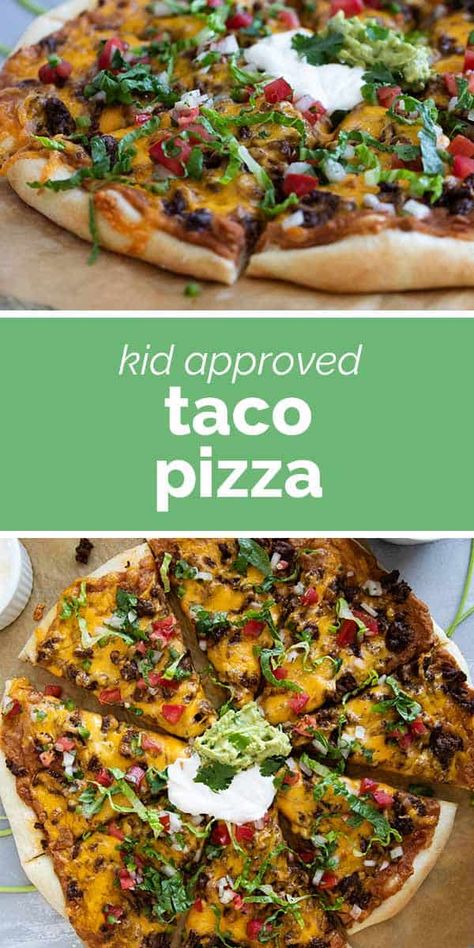 Can’t decide between tacos and pizza? Then combine them with this Taco Pizza! This flavorful dish combines all your favorite taco ingredients, like seasoned ground beef, pico de gallo, lettuce, and cheese, with a crispy pizza crust. Perfect for a fun family dinner or game night with friends. Calzone Recipes, Taco Pizza Recipes, Crispy Pizza Crust, Homemade Refried Beans, Grilled Fish Tacos, Grilled Fish Recipes, Crispy Pizza, Crispy Tacos, Taco Ingredients