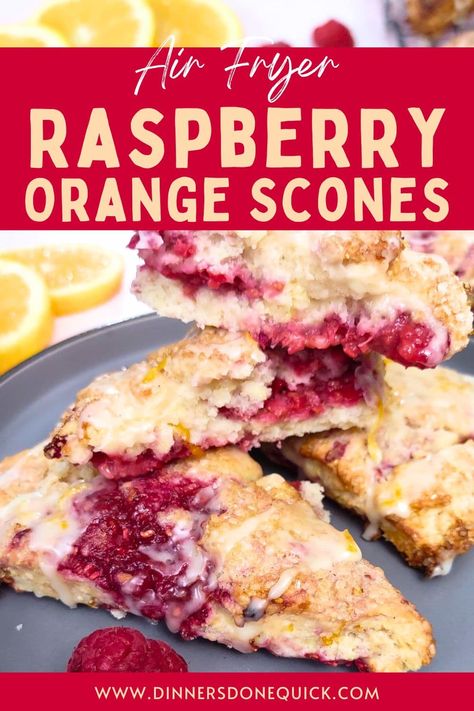 These delicious raspberry orange scones are a cinch to whip up and bursting with flavor. Fresh raspberries and orange zest make them fruity and bright. You can have a batch of these easy scones straight from the air fryer in just 30 minutes! #DinnersDoneQuick #RaspberryOrangeScones #RaspberryOrangeSconesRecipe #Scones #SconesRecipe #SconesRecipeEasy #HowtoMakeScones #EasySconesRecipe #OrangeSconesRecipe #MoistSconesRecipe #EasyScones #HowDoYouMakeScones Raspberry Orange Scones, Air Fryer Scones Recipe Easy, Air Fryer Scones, Easy Scones, Orange Scones Recipe, Christmas Brunch Recipes, Raspberry Scones, Raspberry Orange, Scones Recipe Easy