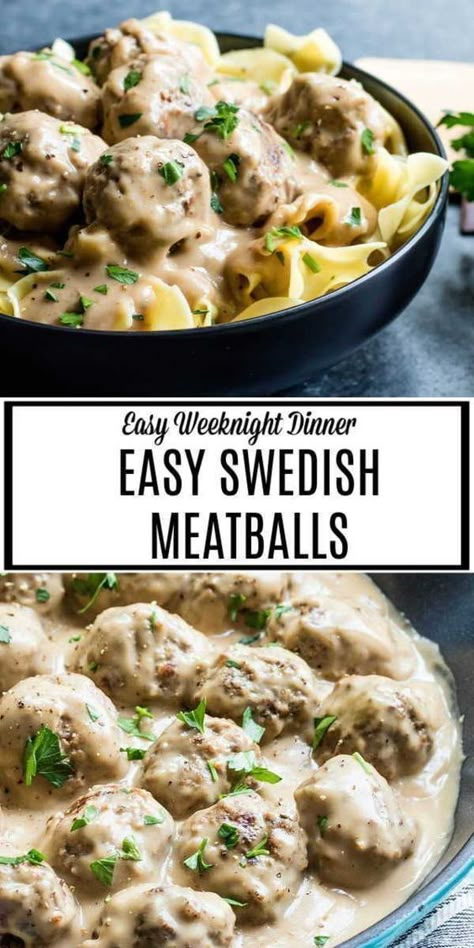 Easy Swedish meatballs are a traditional dish with perfectly browned, flavorful homemade meatballs coated in a rich and creamy sauce. This recipe is a delicious, copycat way to make IKEA's Swedish meatballs at home. Pork and ground beef are rolled together for moist, tender homemade meatballs in a tasty, creamy sauce. Serve over noodles for the perfect comfort food! Meatballs Stroganoff, Easy Stroganoff, Meatballs Swedish, Easy Swedish Meatballs, Easy Swedish Meatball Recipe, Swedish Meatballs Easy, Recipe Pork, Meatball Recipes Easy, Meatballs Easy