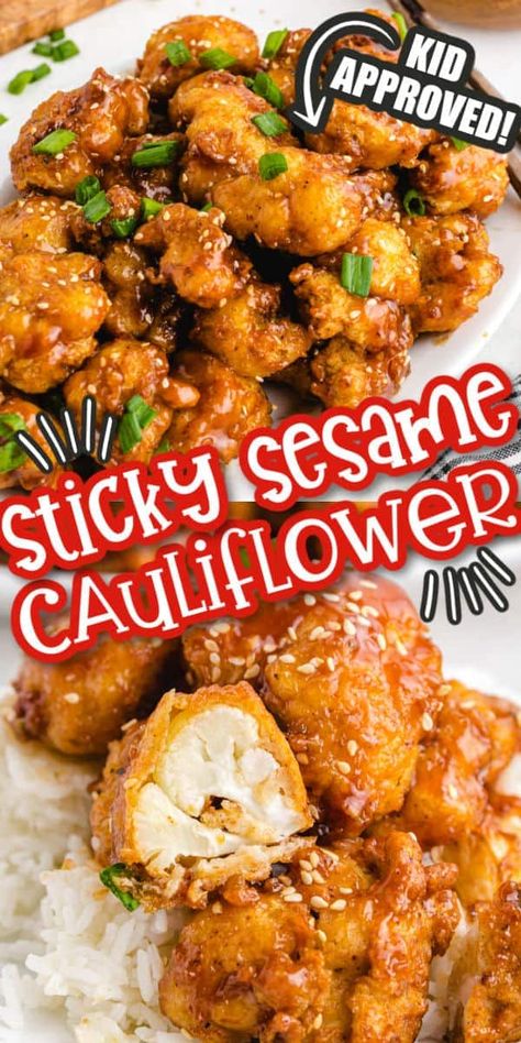 This stick sesame cauliflower is fried to a soft, yet crunchy perfection and then coated in the homemade sauce that is tangy and sweet. Chinese Dinner Recipes, Battered Cauliflower, Sesame Cauliflower, Sticky Sesame Cauliflower, Crispy Honey Chicken, Dinner Recipes Quick, Orange Chicken Crock Pot, Bourbon Chicken Recipe, Delicious Vegetarian Dinner