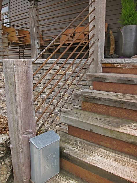 Rebar Railing | Danielle Johnson | Flickr Rebar Railing, Deck Railing Diy, Exterior Stair Railing, Rustic Deck, Diy Stair Railing, Danielle Johnson, Front Porch Railings, Outdoor Stair Railing, Decorating Your Kitchen