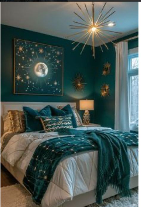 Space Theme Apartment, Emerald Green Home Decor Interior Design, Deco Paint Bed Design, Jewel Tone Guest Room, Colorful Modern Bedroom Ideas, Star Theme Bedroom, Celestial Bedroom Decor Diy, Art Deco Maximalist Bedroom, Bedroom Ideas Stars