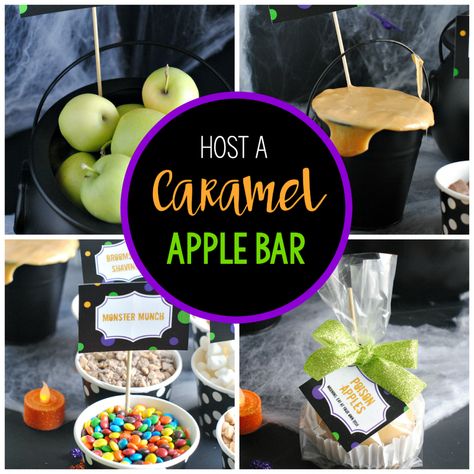 This is a super fun way to put a little fun into your Fall party. Put together a fun caramel apple bar for your guests. We've got ideas, printables and everything you need to get this set for your party! #caramelapplebar #halloween #partyidea Pto Events, Candy Apple Bars, Caramel Apple Bar, Pumpkin Painting Party, Apple Bar, Taffy Apple, Caramel Apple Bars, Gourmet Caramel Apples, Halloween Apples