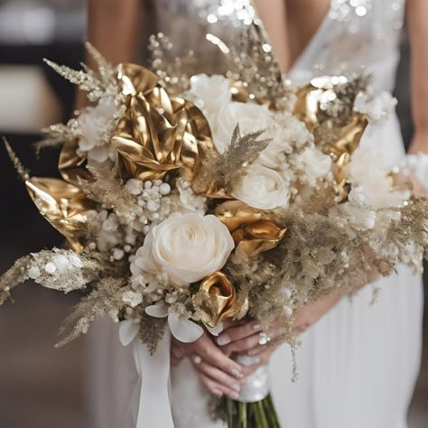 Gold And Silver Bouquet, Gold Wedding Bouquet Ideas, New Years Wedding Bouquet, White Gold And Champagne Wedding, New Year’s Eve Wedding Bouquet, New Years Eve Wedding Bouquet, White And Gold Bouquet, Wedding Bouquets Gold, New Year’s Eve Wedding