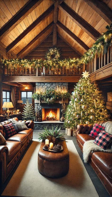 Luxury Cabin Decor, Christmas Cabin Decorations, Rustic Fireplace Christmas Decor, Lodge Style Christmas Decor, Cabin Holiday Decor, Wood Stove Christmas Decor, Christmas Decor Ideas Cabin, Christmas Cabin Interior, Log Cabin Christmas Decor Ideas