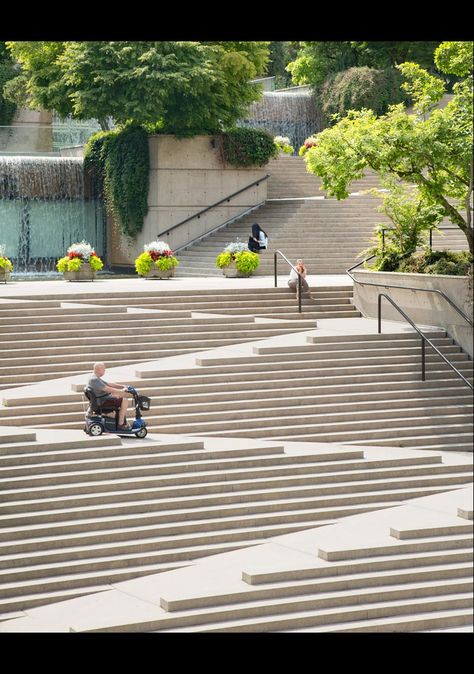 Robson Square waterfalls Vancouver, B.C. Canada Planned and designed 1973 Photo by Michael Elkan of the Robson Square waterfalls. For thumbnails and project information click in photo. Ramp Ideas, Ramps Architecture, Jean Lafitte, Ramp Stairs, Landscape Stairs, Ramp Design, Urban Design Concept, Urban Landscape Design, Inclusive Design