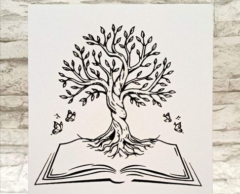 Book Tree Drawing, Reading Day Drawing Ideas, Reading Day Drawings, Open Book Drawing, Library Drawing, Nature Tattoo Ideas, Drawings With Meaning, Book Drawings, Broken Book