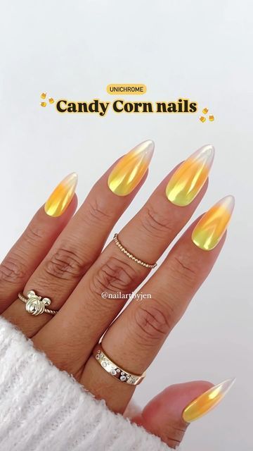 Jeanette Flores on Instagram: "Very classy, very demure Halloween nails ✨🎃✨
Candy Corn Unichrome glazed nails for all my classy girlies!! 💅🏽 💛🧡🤍

Save & Share for Halloween nail inspo, Follow for the tutorial 🫶🏼

Using @daily_charme (code: JEN10)
•Unichrome powder

#demure #halloween #glazednails #chromenails #unichrome #pressonnails #glazeddonutnails #demurenails #classynails #cleangirl #coquette #uñas #uñasdehalloween #nailinspo #nails #whitechromenails #nailart #halloweennails2024 #nailtrends #nailvideos #candycorn #candycornnails #cutenails" Candy Corn Acrylic Nails, White Chrome Nail Designs, Halloween Nails With Chrome, Candy Corn Nails Acrylic, Candy Corn Ombre Nails, Halloween Nails Chrome, Candy Corn Nail Art, Candy Corn Nails Halloween, Candy Corn Nail Designs